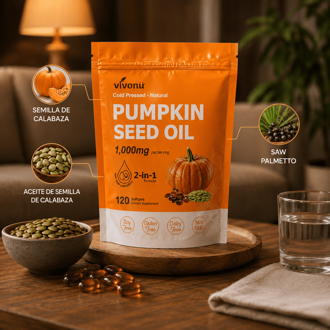 Aceite de Semilla de Calabaza + Saw Palmetto, VivoNu™ Apoyo para la Próstata y la Salud Urinaria, 120 Cápsulas Blandas